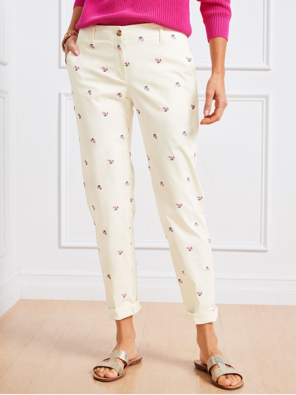 Talbots Relaxed Chinos Floral Ditsy Cream Embroidered Chino Pants Women’s Size 6
